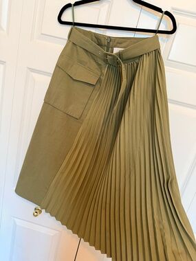 Anthropologie Olive Pleated Midi Skirt with Belt